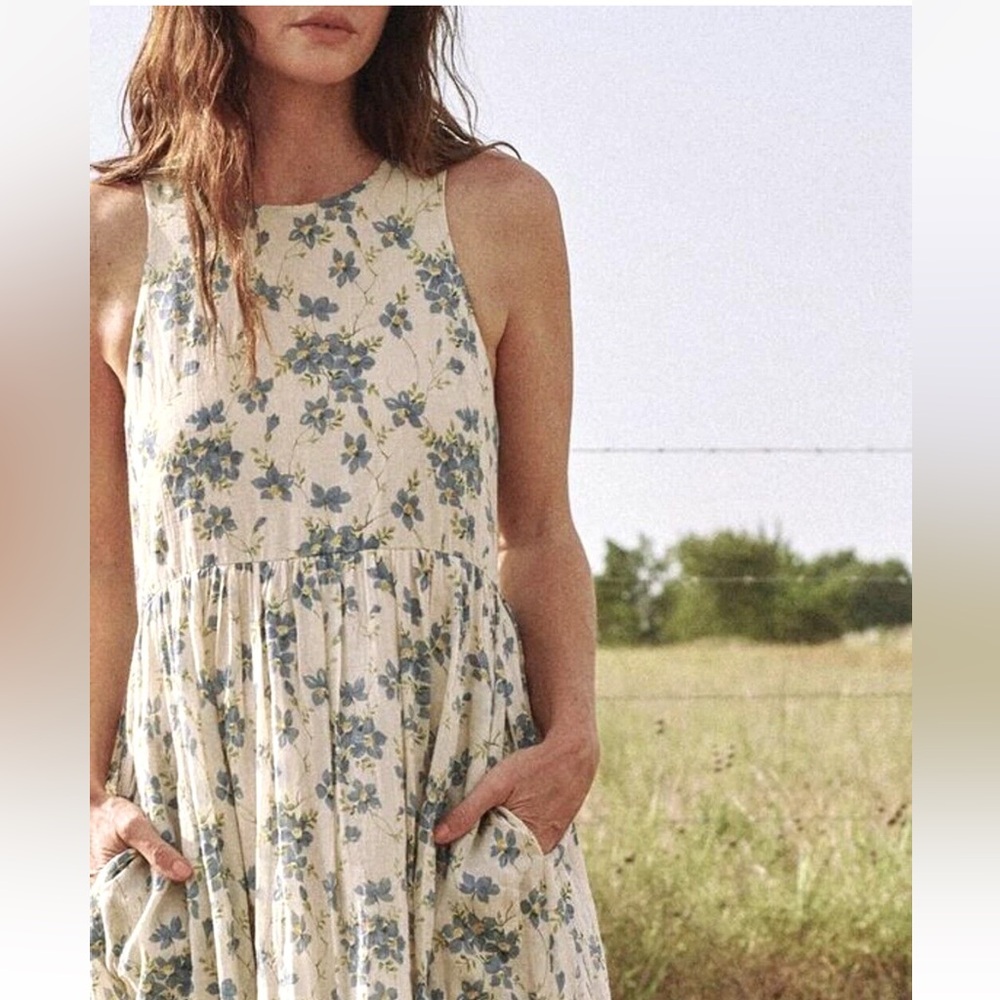 THE GREAT. Blue Floral Midi Dress